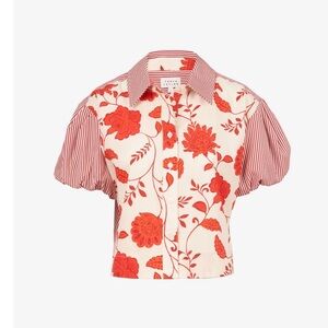 Tanya Taylor Red Floral & Cream Puff-Sleeve Button-Down Top